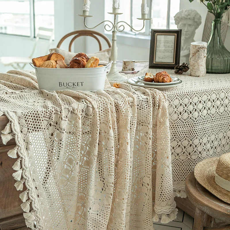 

Vintage Beige Lace Table Cloth Bohemian Style Tablecloths with Tassel Handmade Crochet Table Cover Rectangular Tablecloth for W