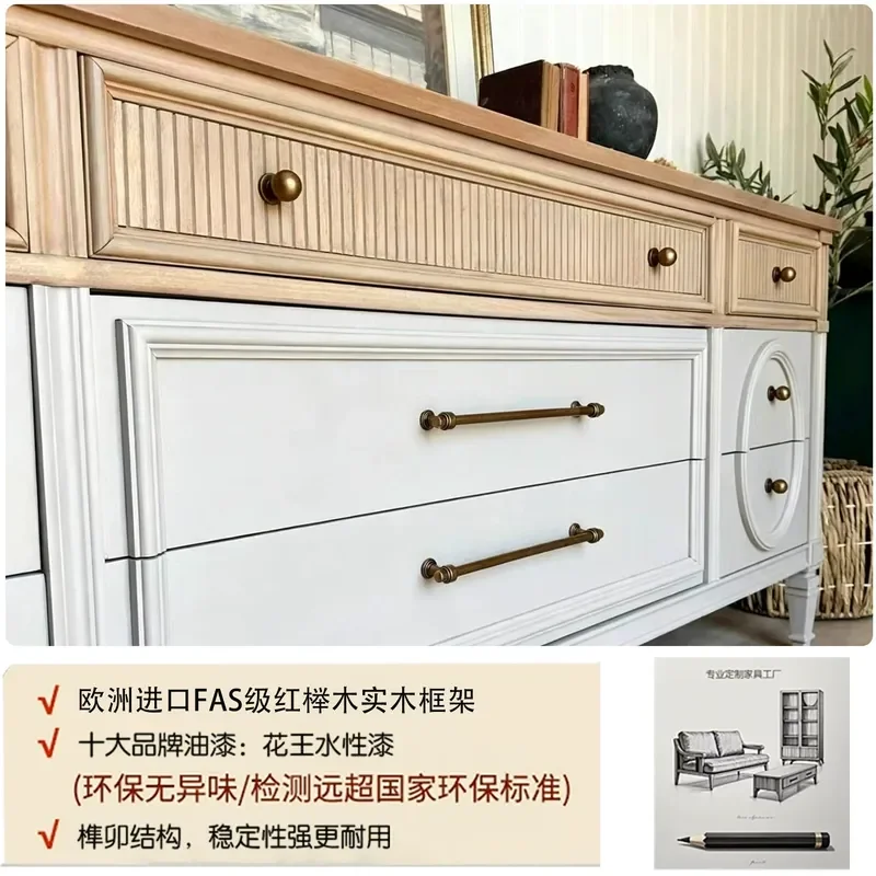 Retro Solid Wood TV Cabinet American Light Luxury Simple Glass Door Floor Locker for Villa Living Room Dining Side Cabinet