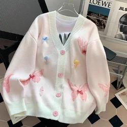 Damski sweter z kokardką i motylem, dekolt w serek, z długim rękawem Y2K Streetwear Harajuku Aesthetic Academy Retro 90s Top Sweater 2024 Odzież