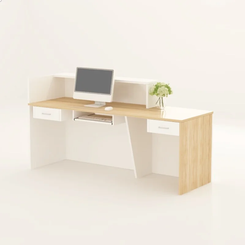 Hair salon furniture: white reception desk, wooden salon reception desk with lockable drawers