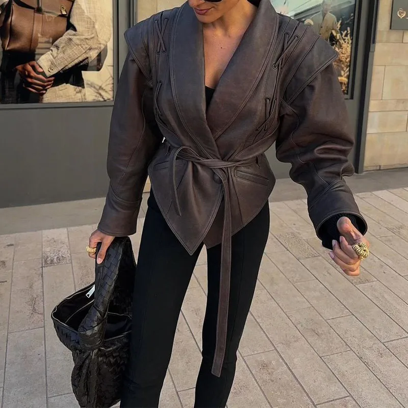

2025 Autumn Winter New Commute Office Lady Outerwear Retro Faux Leather Long-sleeved Jacket Coat Female V Neck Lace Up Jacket
