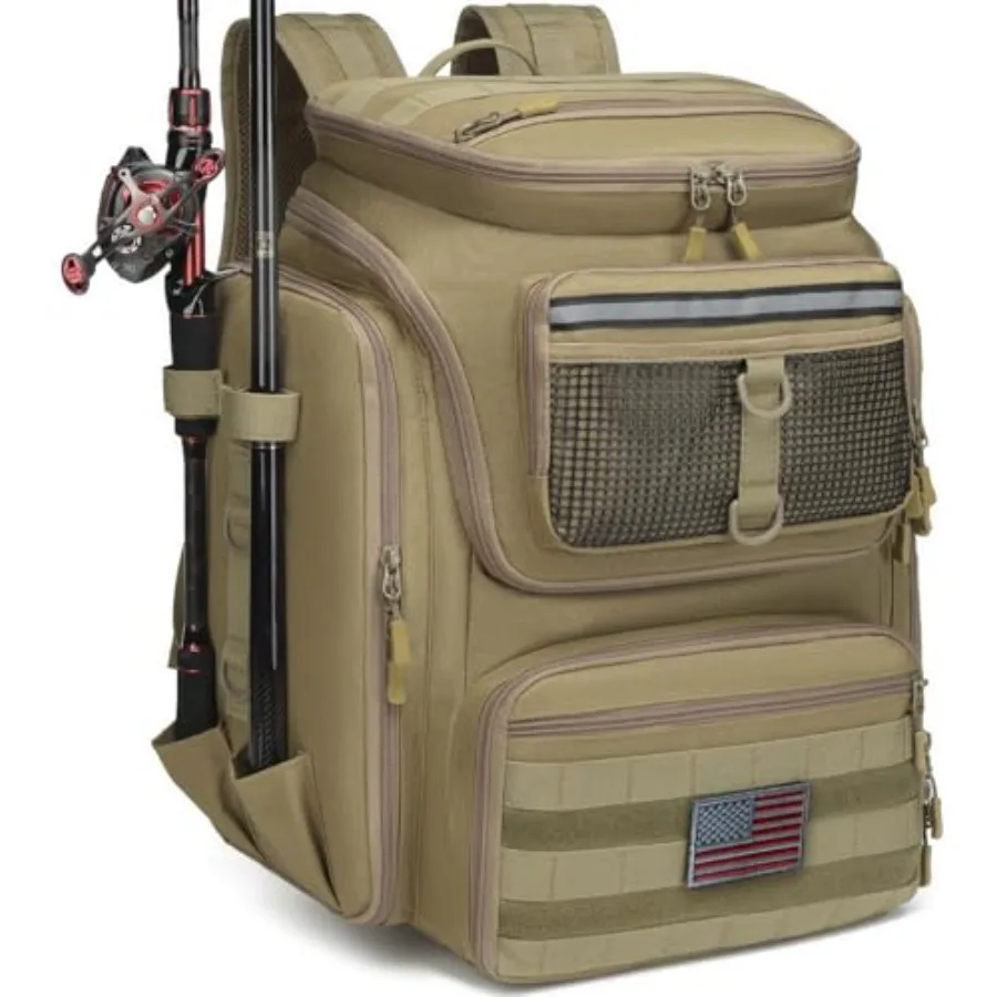 

Рыболовный рюкзак с держателями для удочек, 40 л, водонепроницаемый, черный, для мужчин, с ящиком для снастей