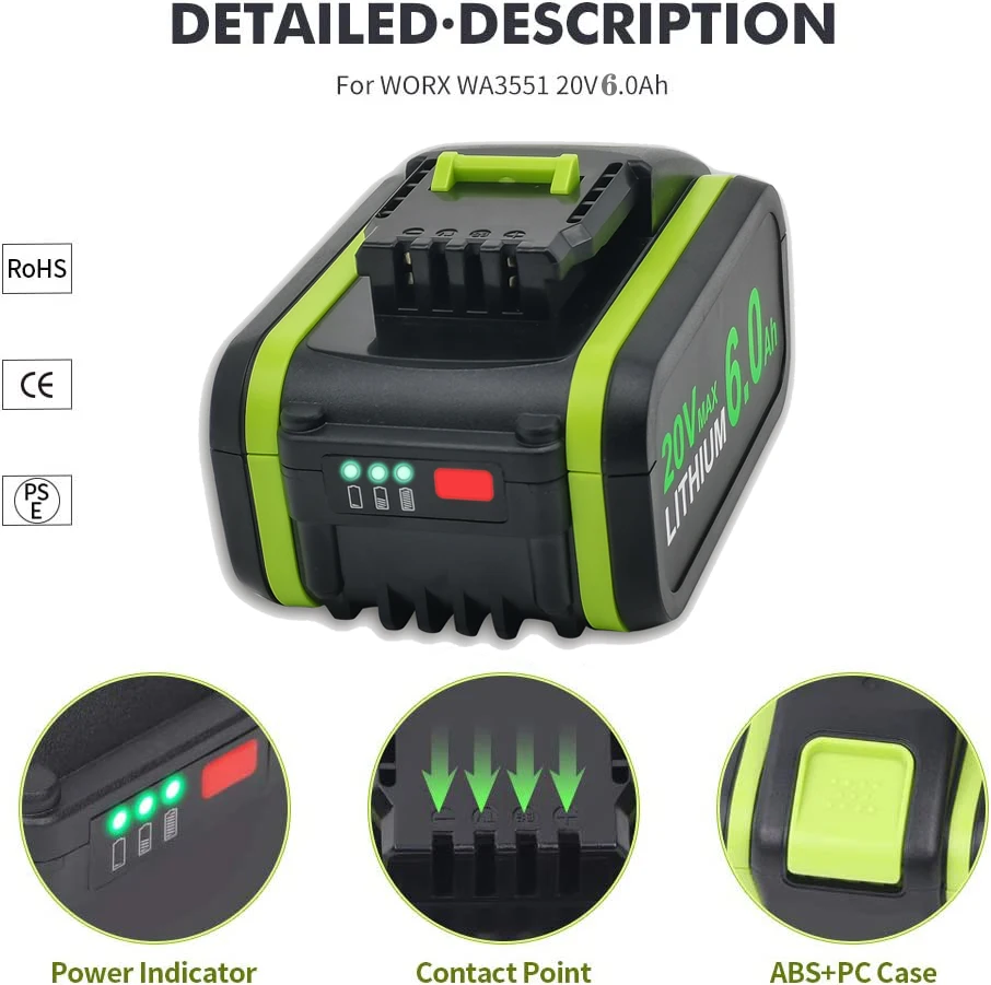 6000mAh per batteria Worx 20V ricaricabile WA3553 WA3551.1 WA3572 WA3556