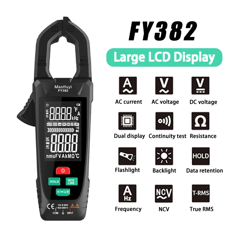 FY382 Digital Clamp Meter 9999 Counts AC Voltage Current Clamp True RMS Auto Range Temp Capacitance Ohm Hz Ammeter Pliers