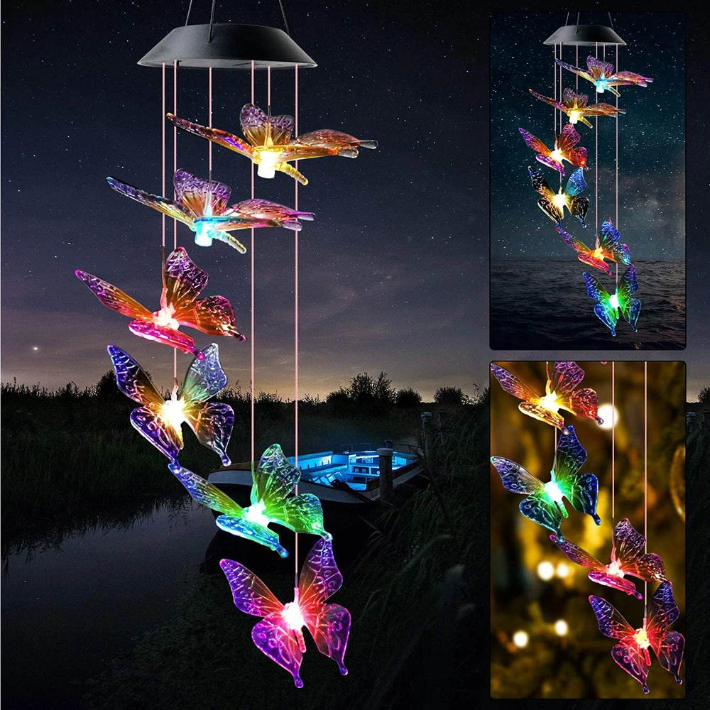 

Solar Butterfly Dragonfly Angel Wind Chime 7-Color LED Solar Wind Chime Outdoor Mobile Hanging Patio Light Porch Garden Decor