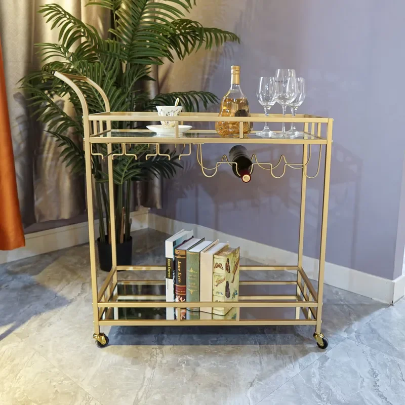 Modern Folding Bar Cart Rolling Gold Beverage Trolley Luxury Mobile Hotel Service Cart with Wheels for Home and Commercial