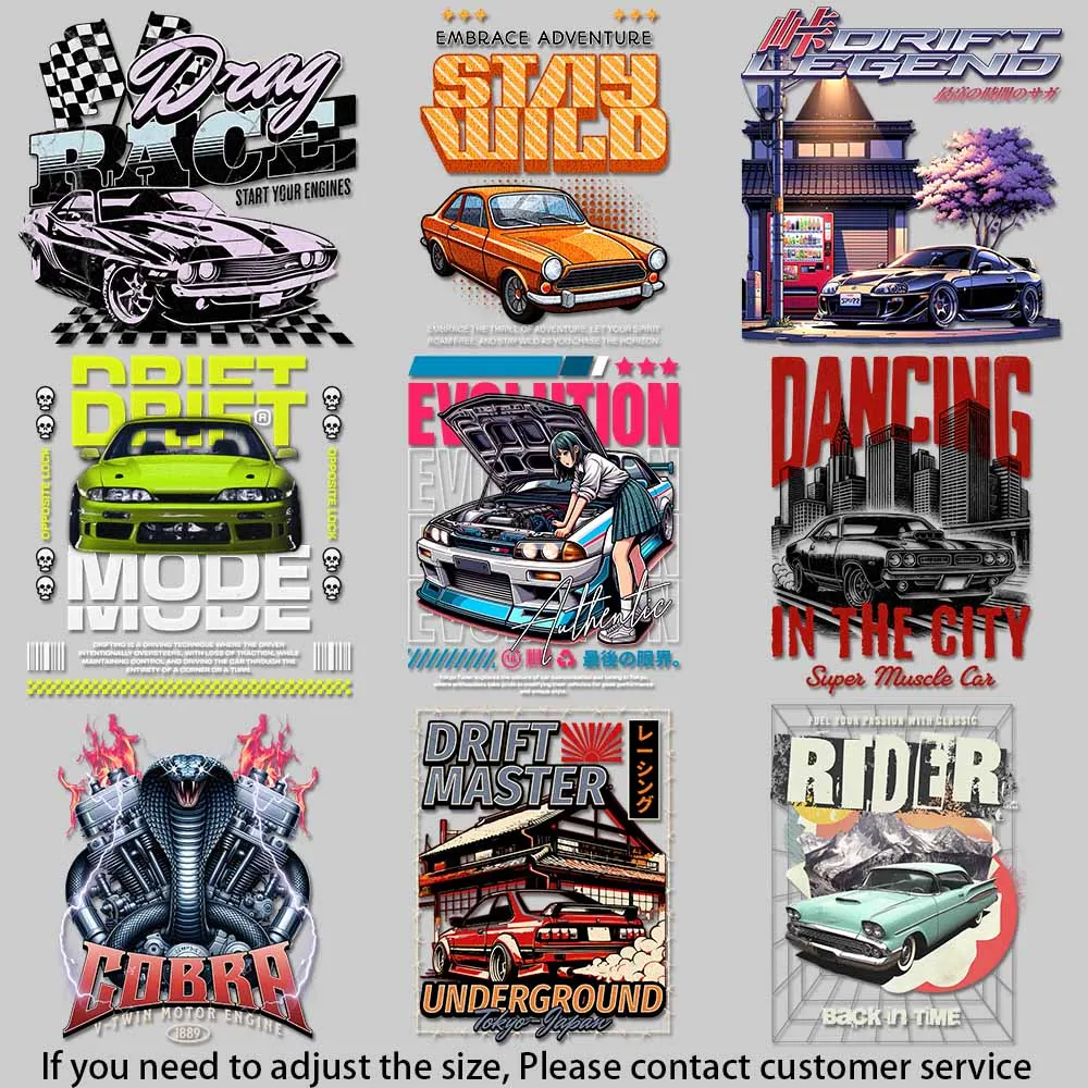 Retro Auto Iron-On Patches - Race, Drift, Custom & Classic Cars - Bright Colors, Strong Adhesive Quick - drying Heat Transfer