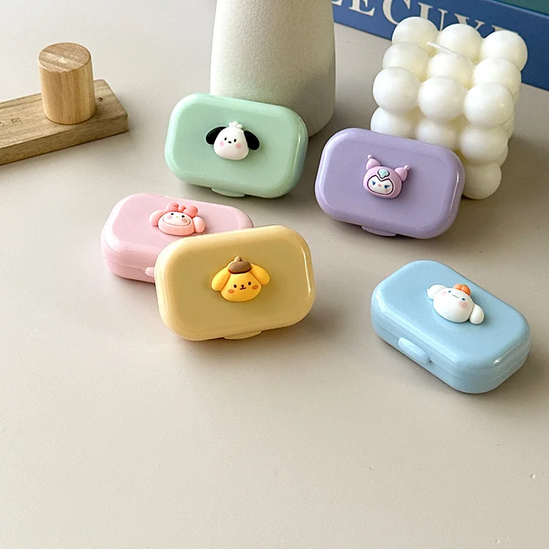 Sanrio  Kuromi Cartoon Contact Lens Storage Box with Mirror Kawaii Cinnamoroll My Melody Portable Beauty Eye Care Box