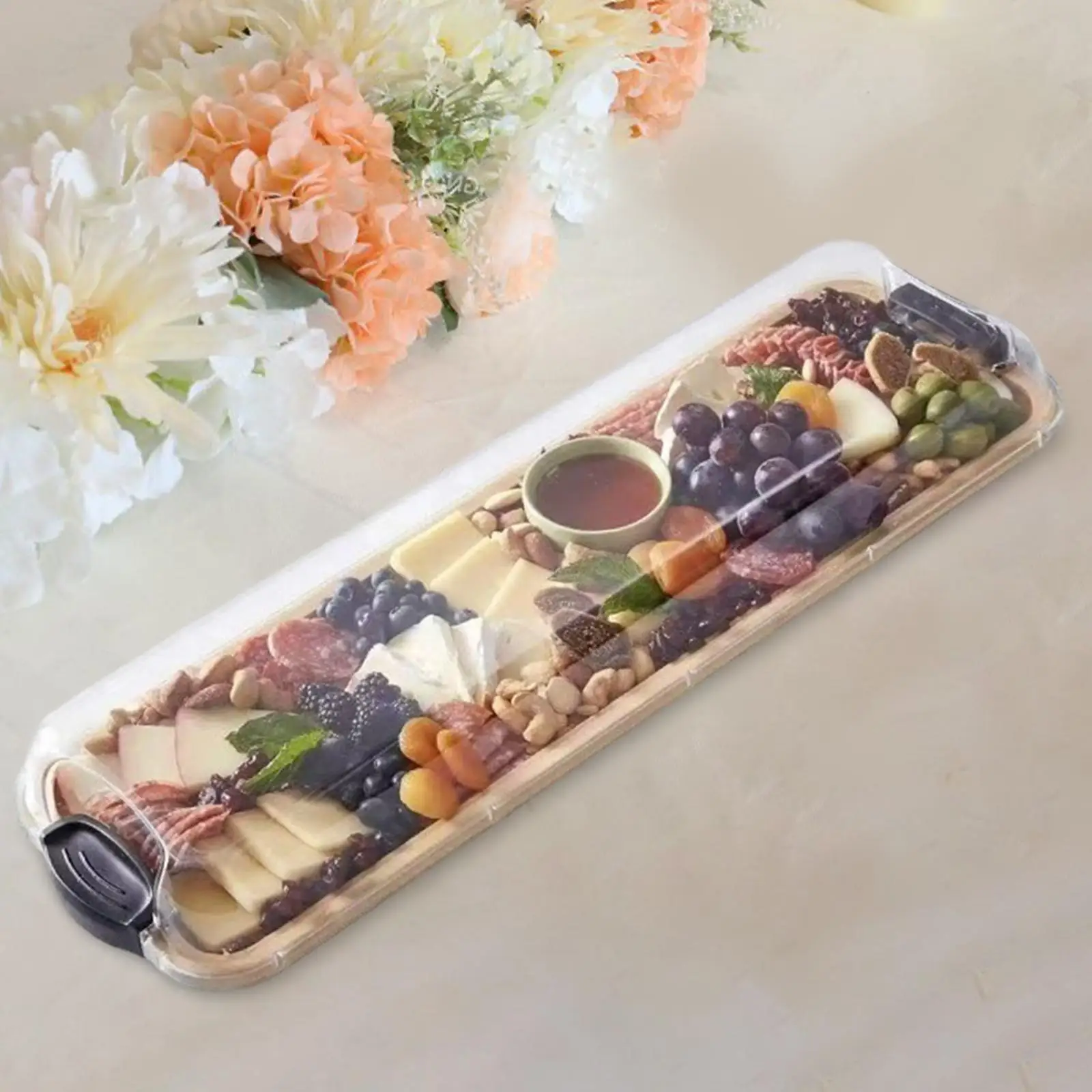 

Board with Clear Locking Lid Portable Food Serving Tray Bamboo Cheese Board for Fruit Steak Cheese Snacks Picnic