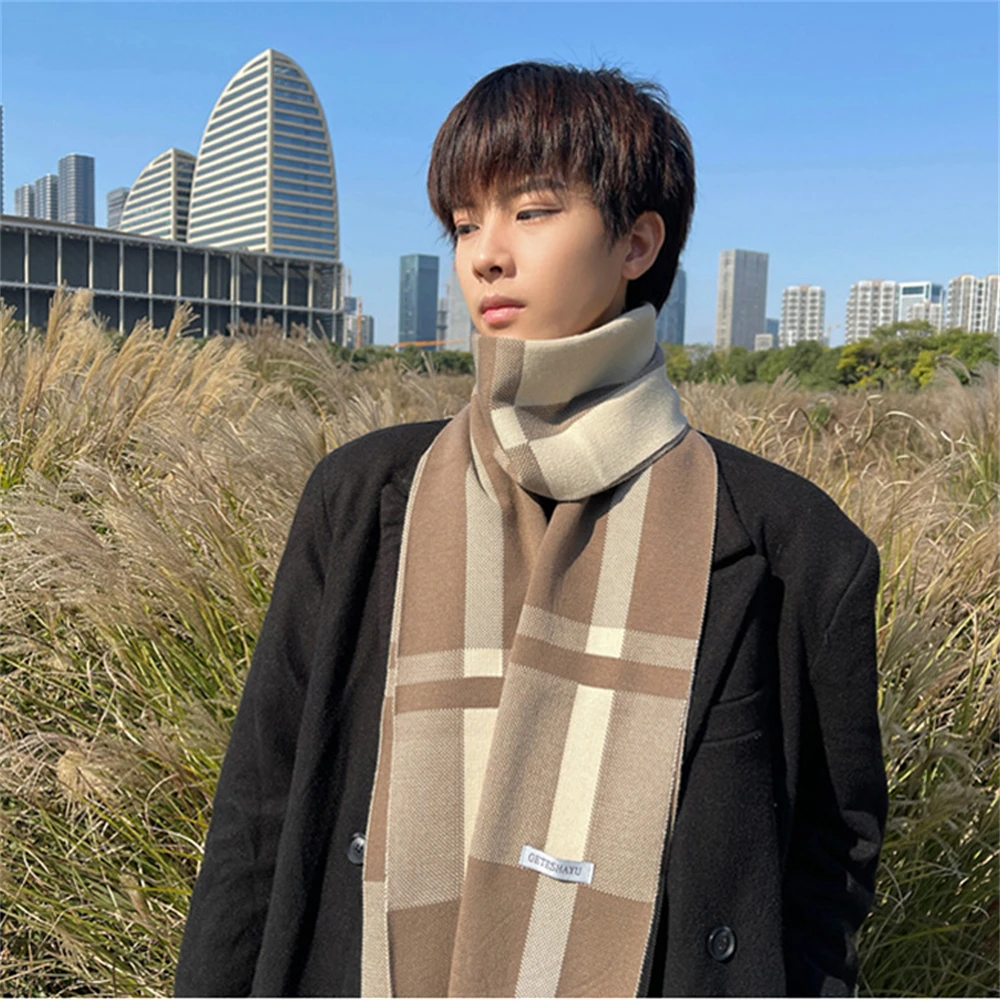 Men\'s Winter Casual High Feeling Knitted Scarf Fall Warmth Simple Lines Plaid Long Scarves Casual Windproof Clothing Accessories