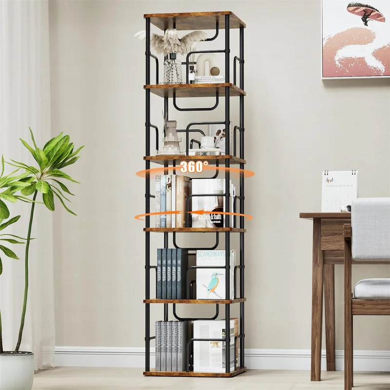 Rustic Brown Square 5-Tier Rotating Bookshelf, 360 °   Display Stackable Spinning Bookshelf Tower, Space Saving Tall Floor Stand
