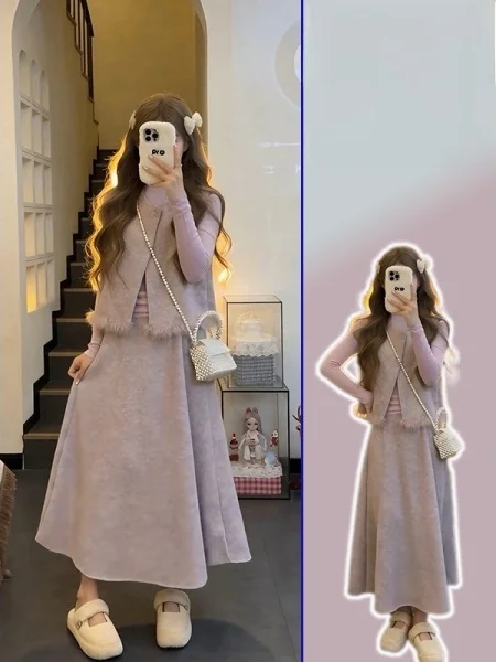 

plus Size Women's Korean Sle Vest Top f Skirt Tee-Piece Set Casual Slimming Spring Faion Ensemble Warmth Guaranteed