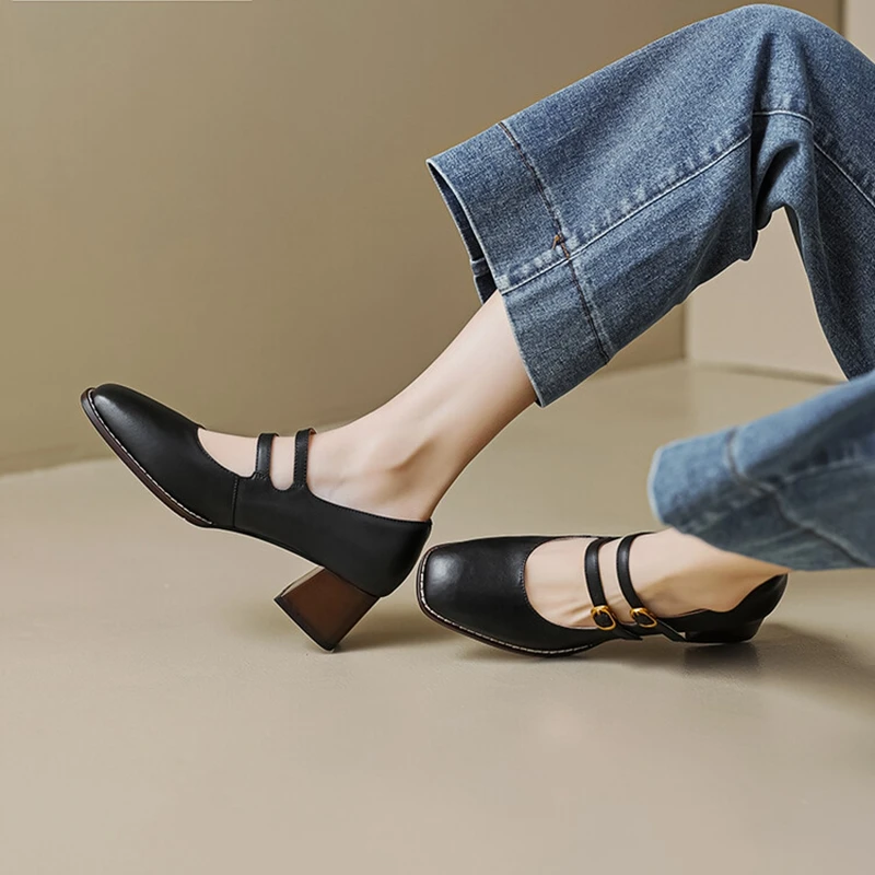 NEW Spring Women Shoes Square Toe Chunky Heel Mary Janes Shallow Buckle Women Pumps Classics Solid Split Leather Shoes for Women