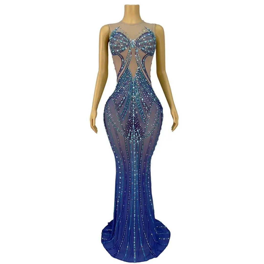 Design Temperament Blue Sparkling Rhinestone Mesh Dress Evening Party Red Carpet Elegant Dress Performance Dress Smurf