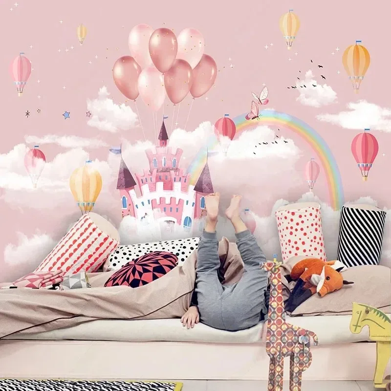 Rainbow Custom 3D Wallpaper Cartoon Castle Hot Air Balloon Butterfly Mural Children's Room Background Wall Papel De Parede 3D