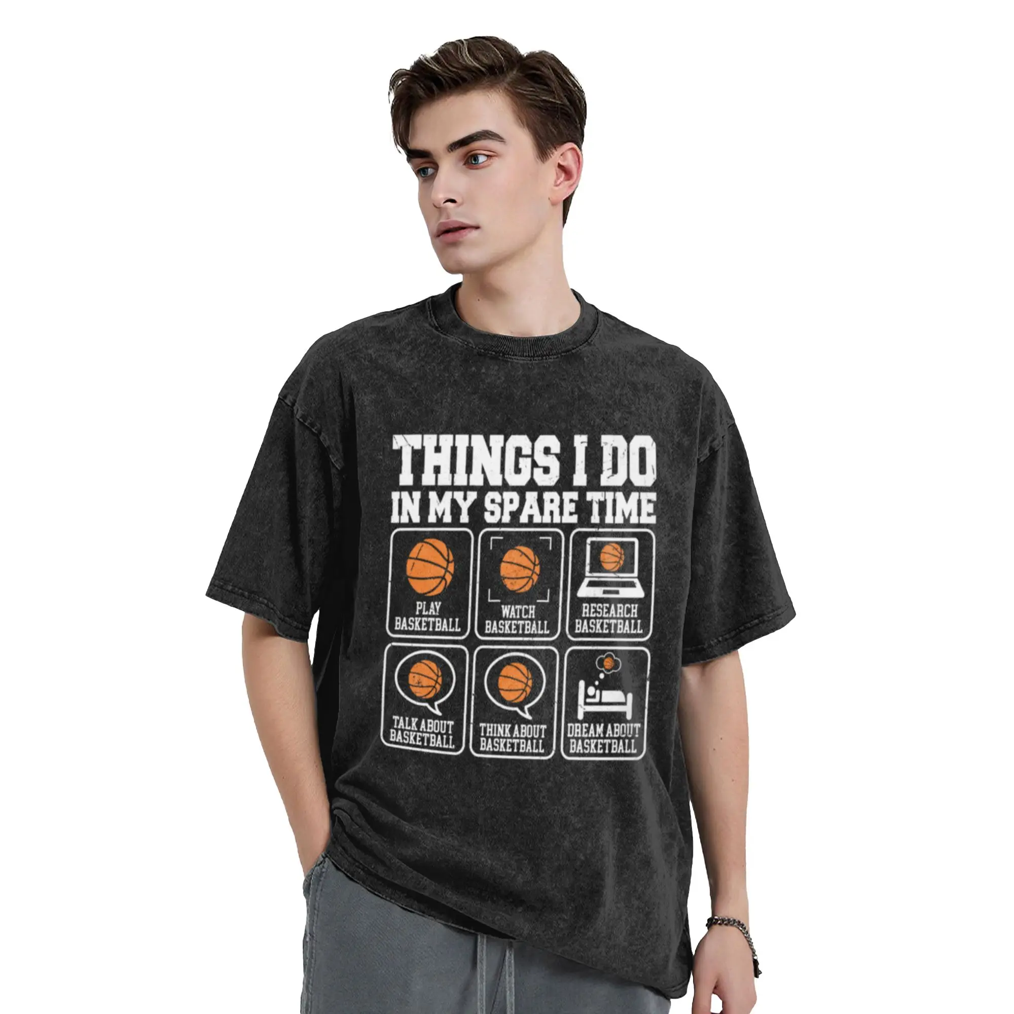 Basketball Spare Time Activities Unique Stylish A Washed T Shirt Men's Oversized Cotton Tees Tops