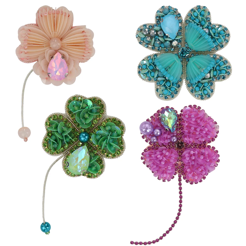 Treuille à quatre feuilles, feuille porte-bonheur, strass perlés, emblème à paillettes, Patch à coudre porte-bonheur pour jeans, chapeau, chaussures, sac, pantalon, décor rétro, 2 pièces