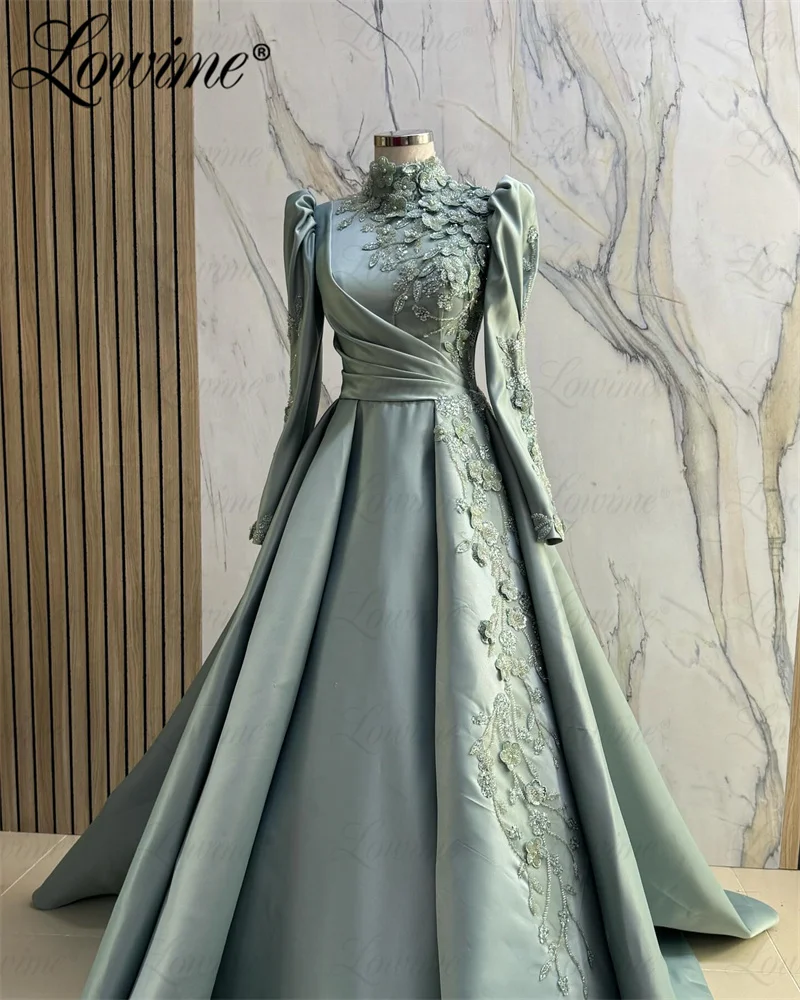 Vintage Long Sleeves Muslim Middle East Women Evening Dresses 2024 A Line High Neck Elegant Prom Dress Lace Applique Party Gowns