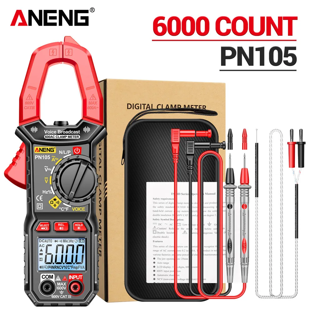 ANENG PN105 Clamp Meter Voice Broadcast 600A AC Current 6000 Counts True RMS Digital Multimeter Clamp Diode Hz Ohm Tester Tools