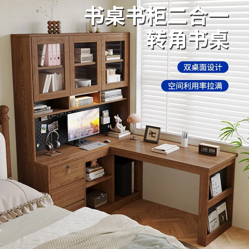Solid wood corner desk bookshelf integrated bedside table computer table desk student household small apartment table can be cus