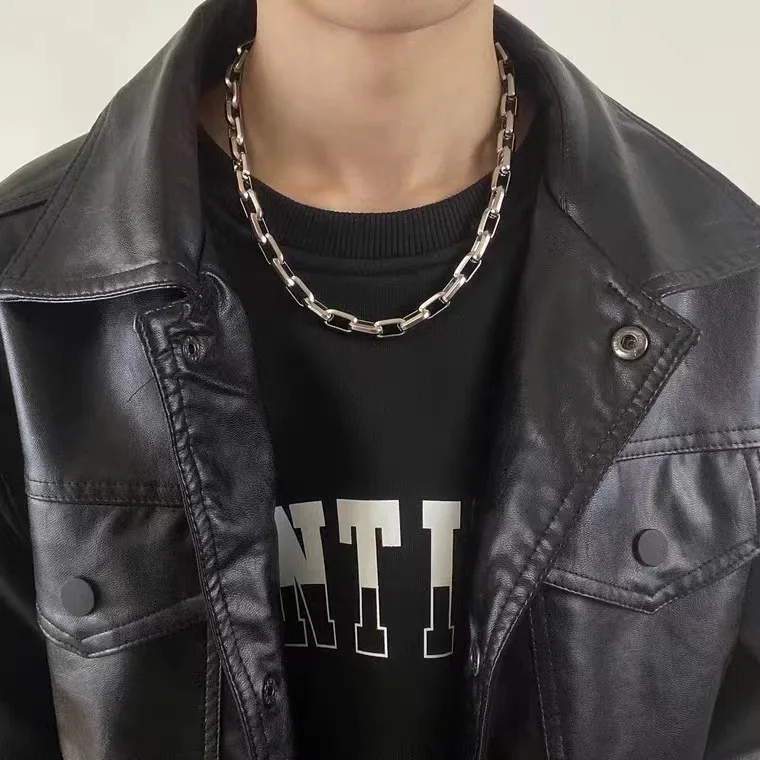 ULJ Hip Hop Stainless Steel Cuban Necklace Square Buckle Thick Chain Men\'s Fashion Style Clavicle Jewelry
