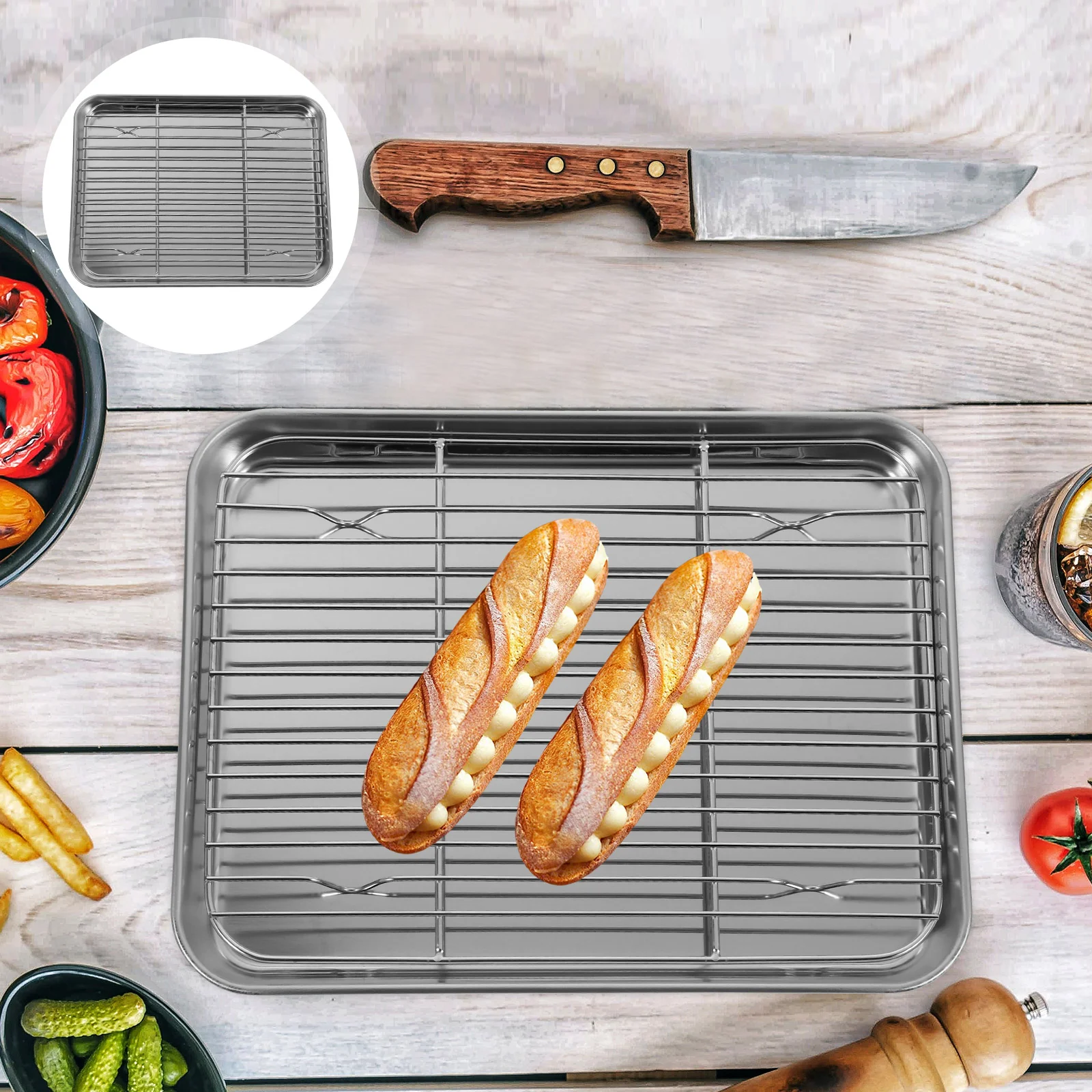 

2 Pieces/Set Rectangular Baking Tray Stainless Steel Baking Pan Sheet with Removable Cooling Rack - 26x20x25cm