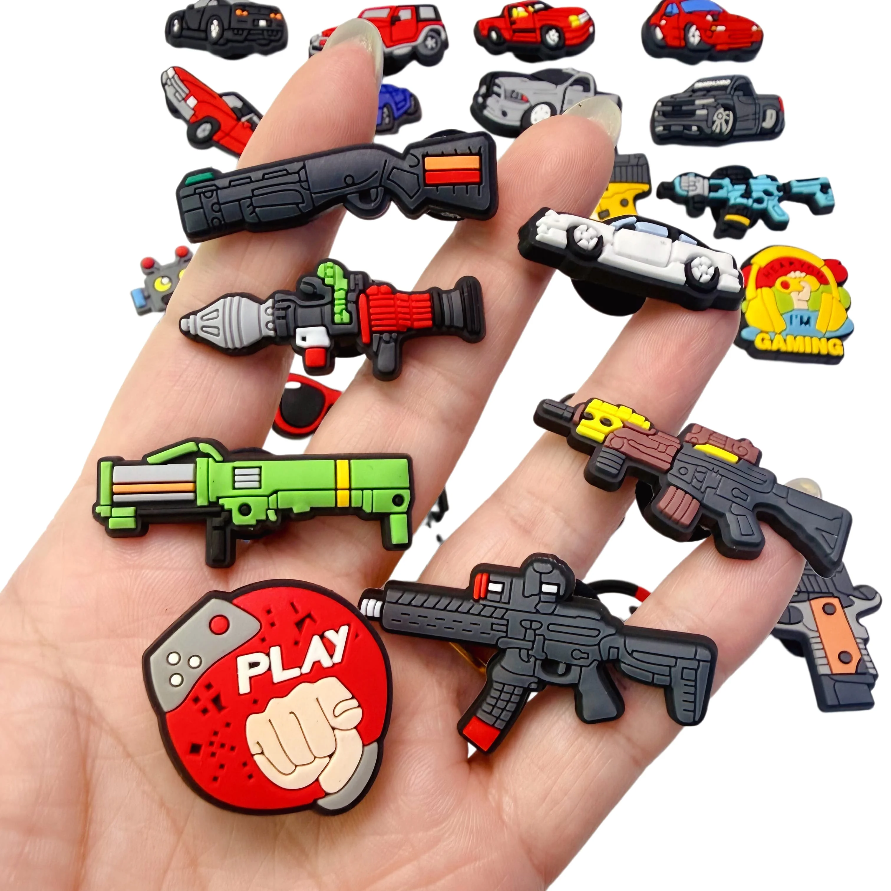 31Pcs Cartoon Car Gun Game Robot PVC Shoe Charms Buckle Clog Sandals Shoes Decoration Hole Slipper Accessories Holiday Present
