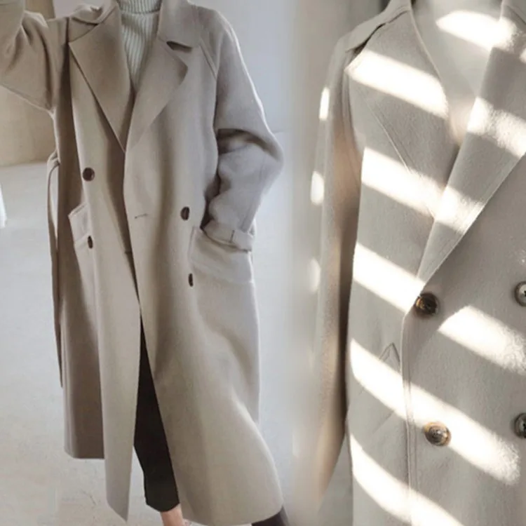 Anti-season double-sided cashmere coat women's medium and long autumn and winter clothing beige woolen coat wool double-sided