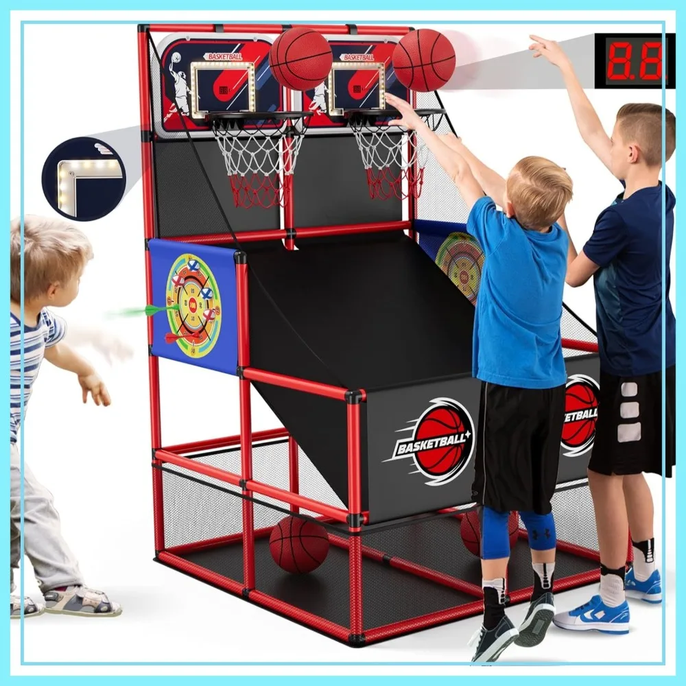 

2 in 1 Dual Shot Basketball Arcade Game with 2 Dart Boards, Electronic Scoreboard, LED Light, Basketball Hoop for Home Indoor Outdoor