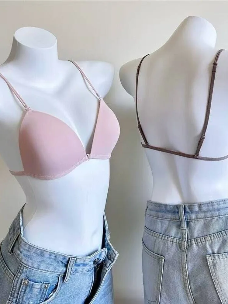 Wireless Low Back  Cup Bra Front Clasp Thin Design Seamless Women's Underwear Summer Sexy Nylon Material V-Neck Style
