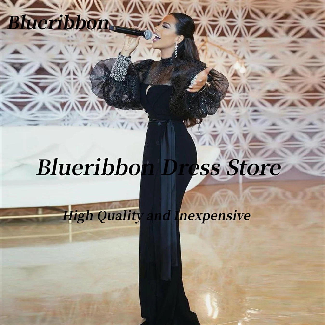 

Blueribbon Celebrity Women Wear Black Mermaid Prom Dresses High Collar Long Sleeves Evening Gowns Saudi Arabia Party Dress