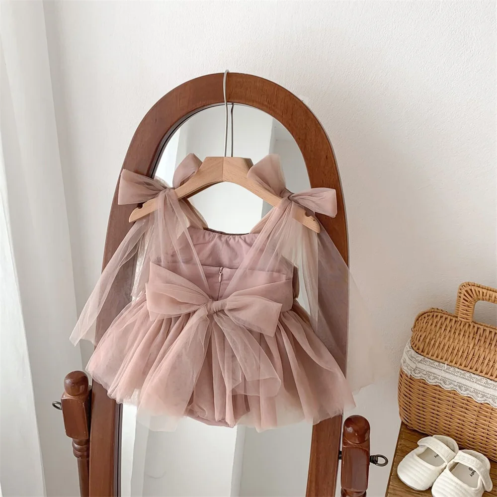 Soft Tulle Baby Bowknot Strap Romper White Mesh Dress 0-24Months Infant Summer Backless Jumpsuit Newborn Photography Outfits