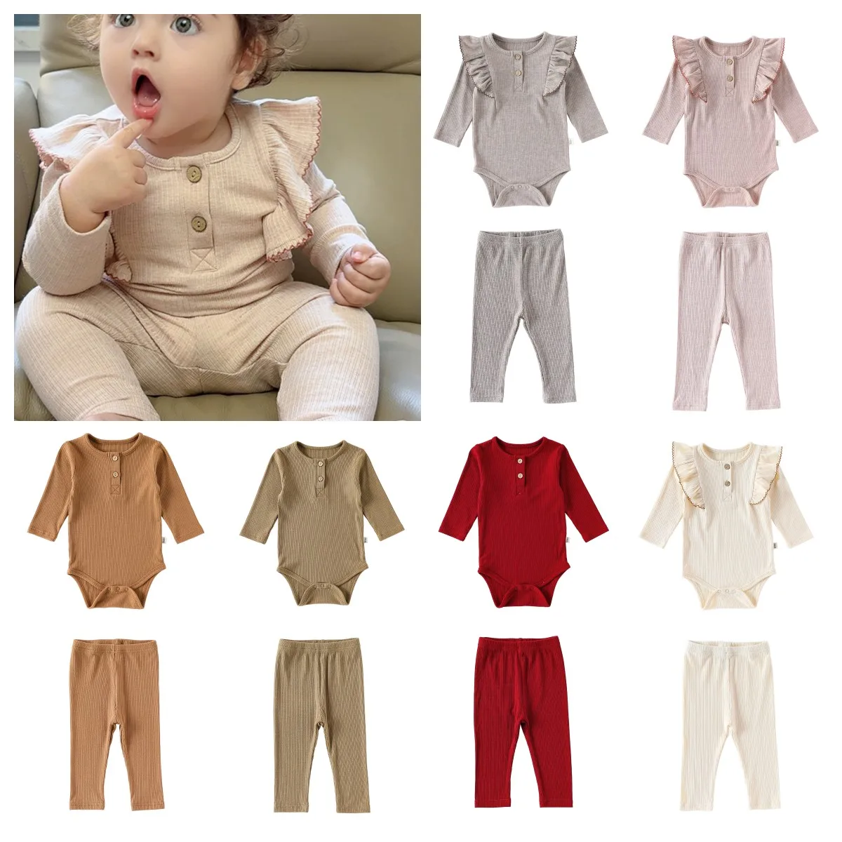 

2025 Autumn New Baby Boys Girls Cotton Lace Long-sleeved Bodysuit and Legging Two-piece Set Baby Girl Outfit Set