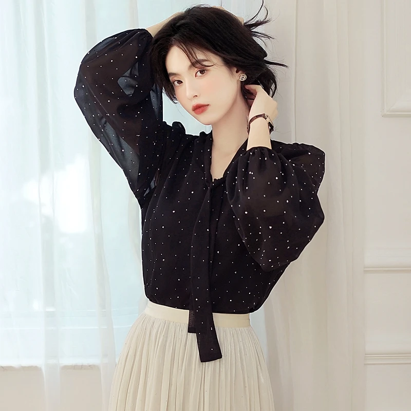 New Long Sleeve V-Neck Women Blouse Lace-up Dot Black Chiffon Blouse Shirt Women Tops Shirts Blusas Para Mujer Blusa Blusas M432