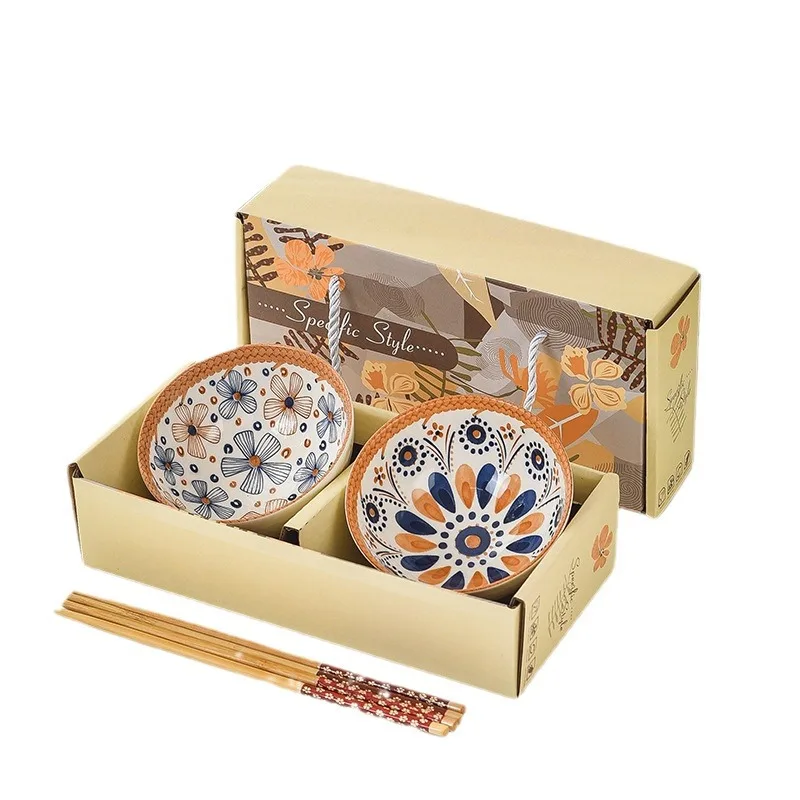 Japanese Hand-painted Tableware Ceramic Bowls Creative Bowls and Chopsticks Set Gift Box Dish Set Household Use