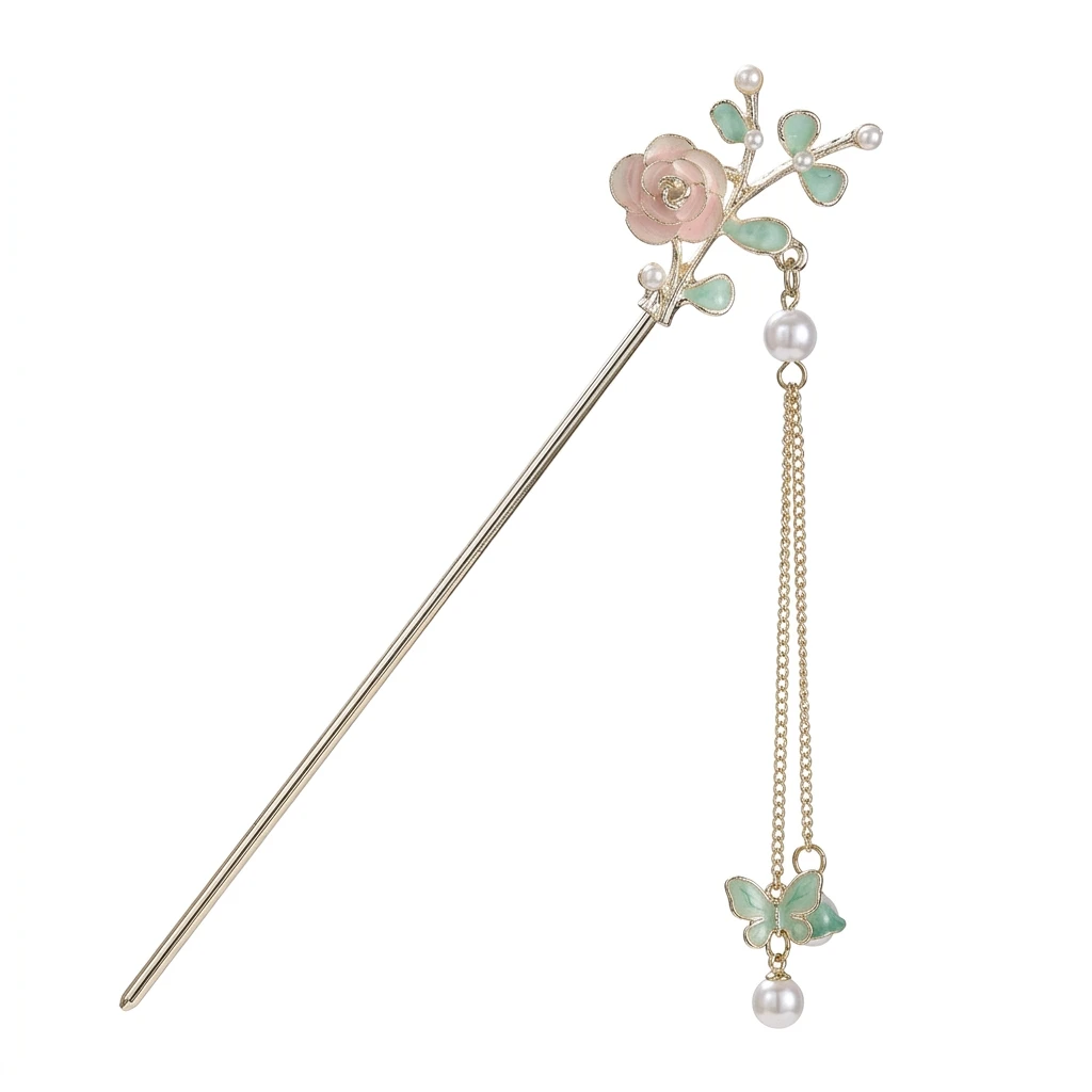 New Chinese Style Flower Tassel Hairpin with Imitation Pearl for Hanfu Qipao Wedding and Stage Performance Elegant Design