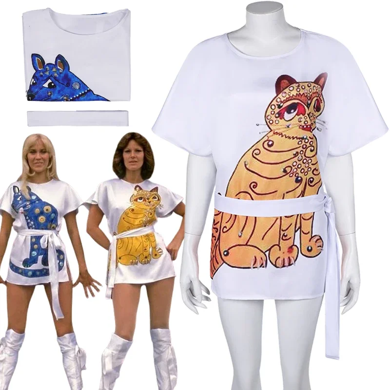 ABBA Costume Cosplay Disguise ABBA Girl Years-Frid Agnetha Cosplay ABBA Cat Dress ABBA 70s Women Costume Vintage Dress T-Shirt