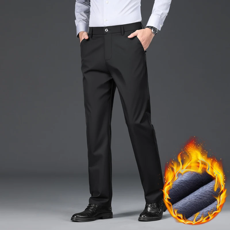 Winter Warm Men's Fleece Pants Thick Business Straight Black Blue Work Formal Classic Solid Color Loose Trousers Plus Size 38 40 - Image 6