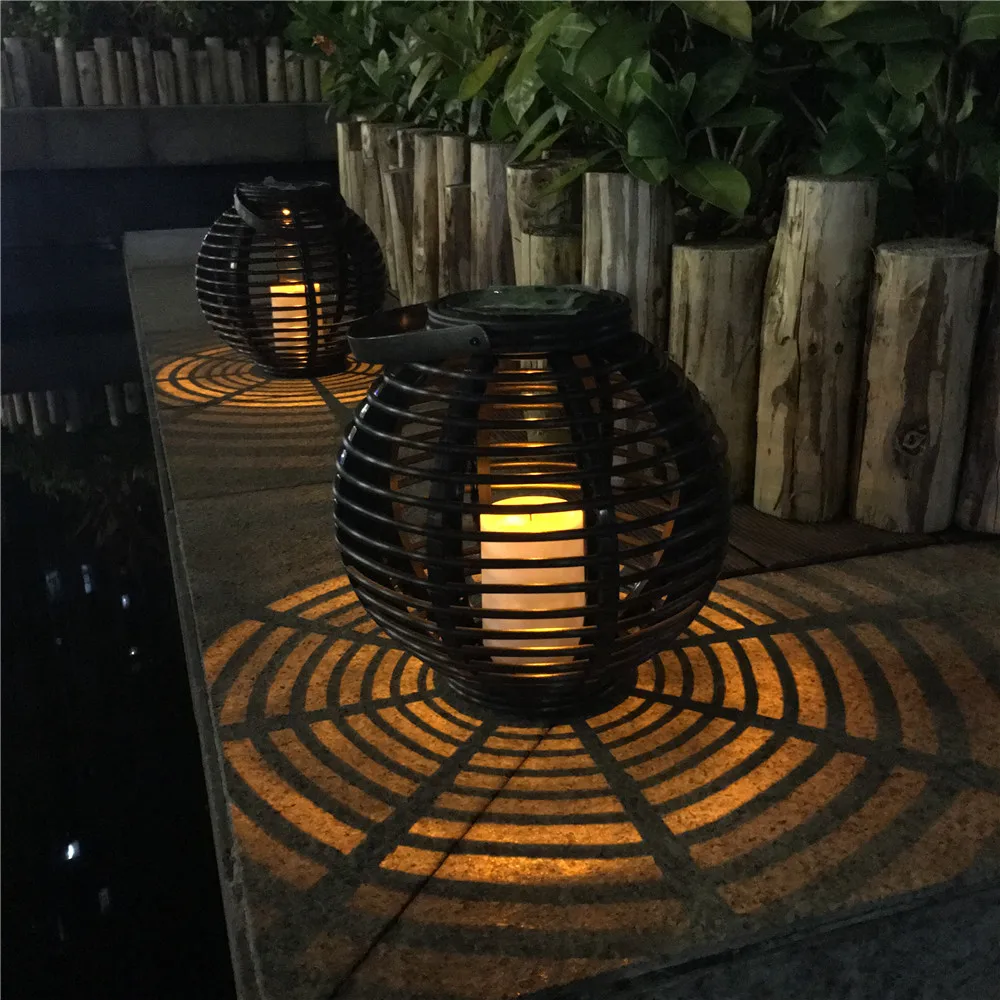 Solar Powered Candle LED Lantern With Flickering Amber LED Rattan Lamp Outdoor Decorative Garden Lights Yard Decor
