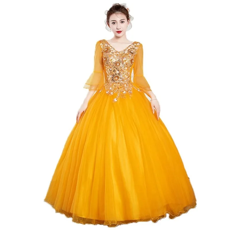 2025 novo feminino bordado com decote em v ouro lantejoulas vestido de noite moda emagrecimento anfitrião desempenho arte exame puff saia vestido longo