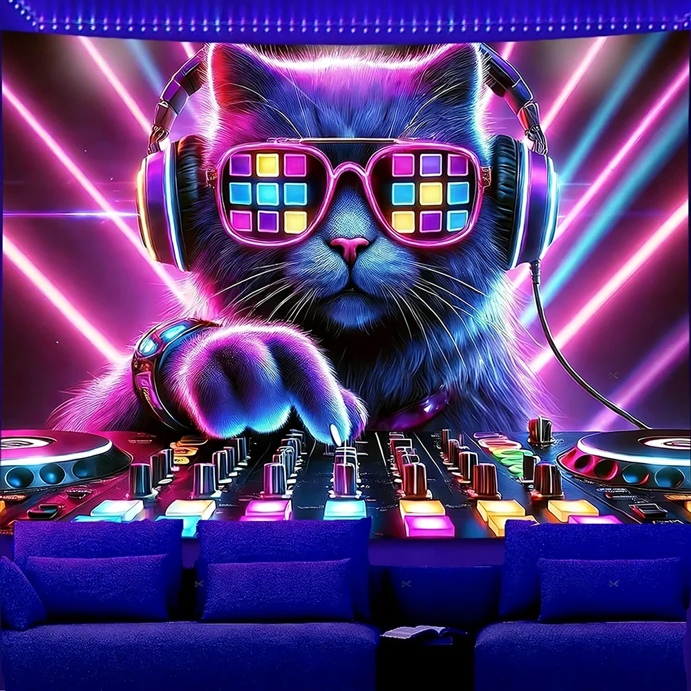 Glowing Tapestry with Cat DJ and Space Scenes UV reaction tapestry background decoration wall hanging bedroom party decoration