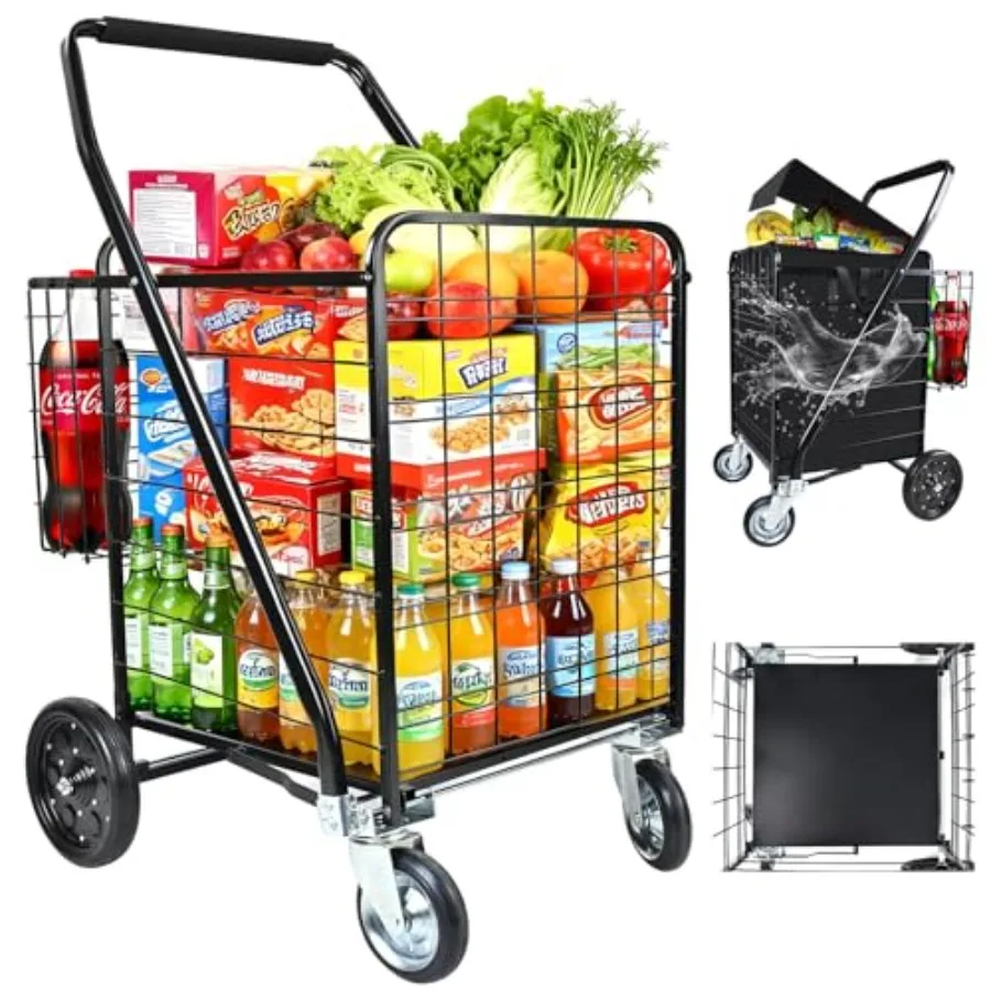 

Heavy-Duty Folding Shopping Cart with Removable Waterproof Liner 450LBS Capacity 39.5 Gal Dual Basket 360 Swivel Wheels Black D