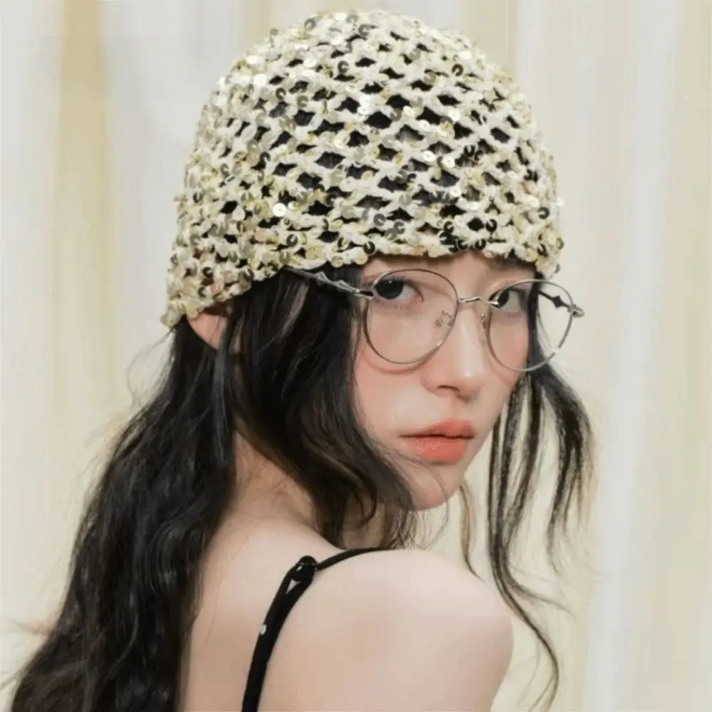Casual Hollowed Out Sequined Pullover Hats Sequined Design Vintage Style Beanie Hat Hollow Knit Beanie for Women
