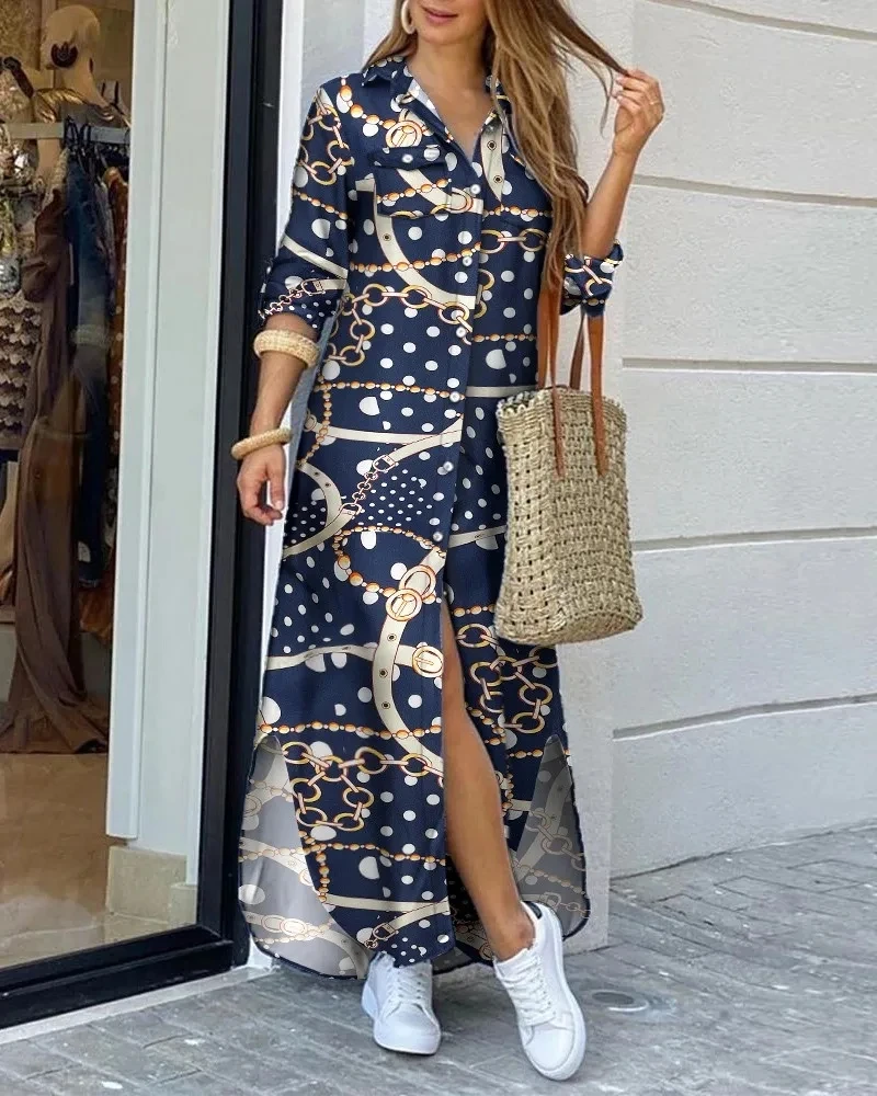 Women Button Down Maxi Shirt Dresses Casual Long Sleeve V-neck Long Dress Females 2024 Fashion Printed Loose Blouse Shirt Dress