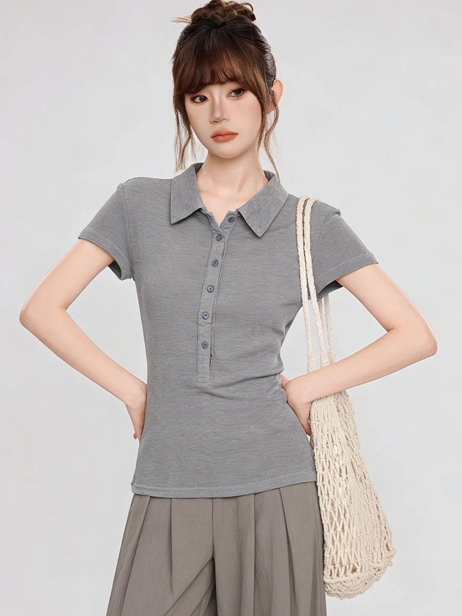 Slim Fit Short Sleeve  Shirt Women's T-shirt Korean Style Commute Pure Color Summer New Arrival High End Little Pure Desi...