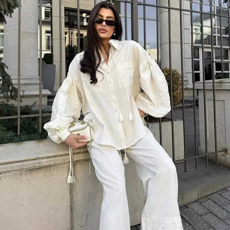 

Embroidered Women's Auutmn 2 Piece Suit Tassel Turn Down Collar Button Female's Linen Shirt Drawstring Wide Leg Pants For Lady