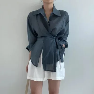 Women's Wrap Tie Waist Shirt, Collared Button-Down 3/4 Sleeve, Asymmetrical Hem, Semi-Sheer Casual Blouse for Office & Daily
