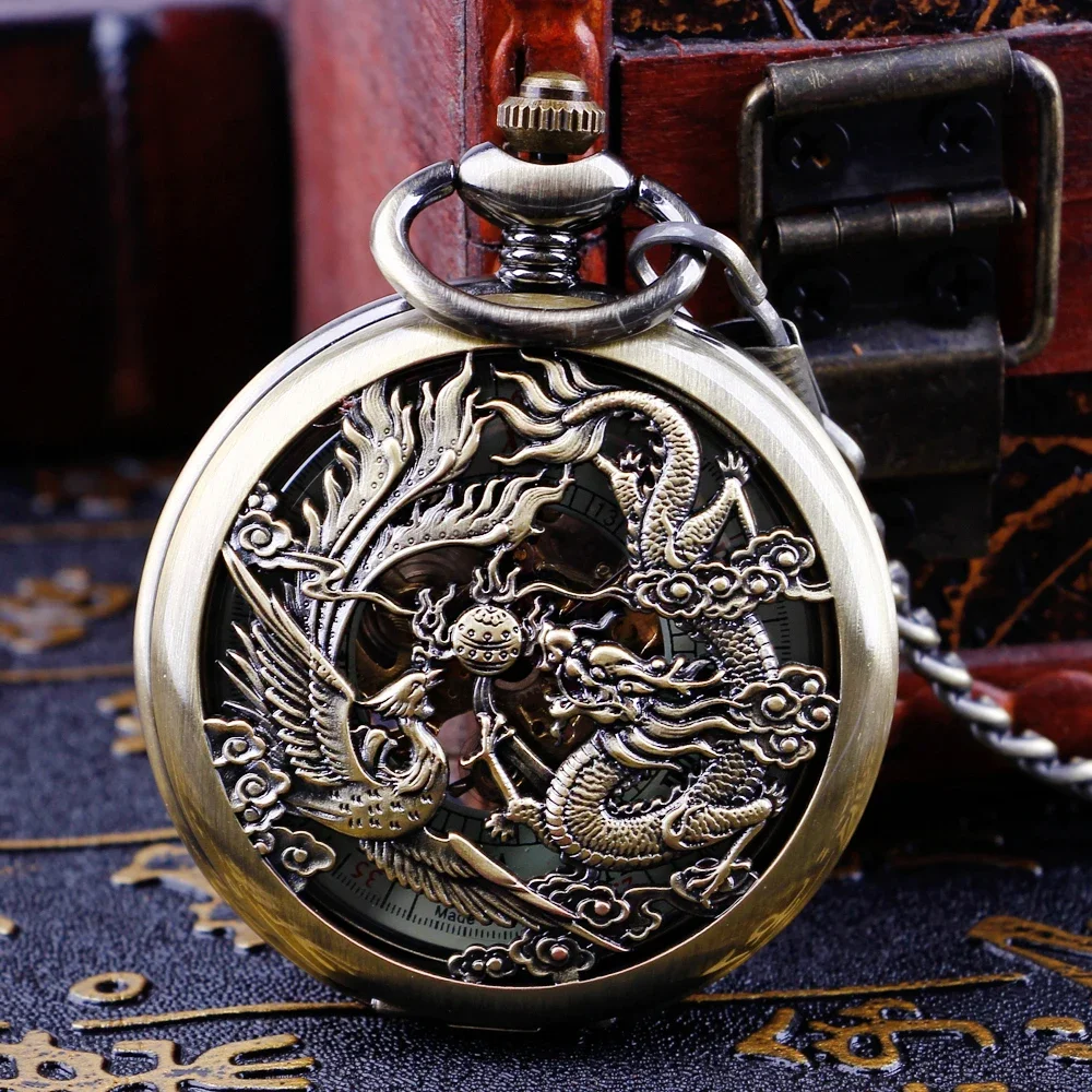 Vintage Chinese Style Dragon Phoenix Chengxiang Mechanical Pocket Watch Men Ladies Necklace Antique Skeleton Pendant with Chain