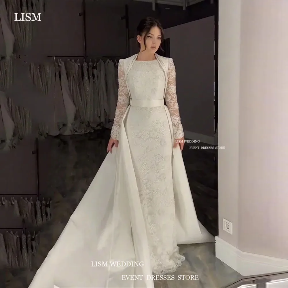 LISM Vintage Lace Wedding Dresses O-Neck Long Sleeves A-Line Bridal Gown With Coat Train Floor Length For Women Vestido de noiva