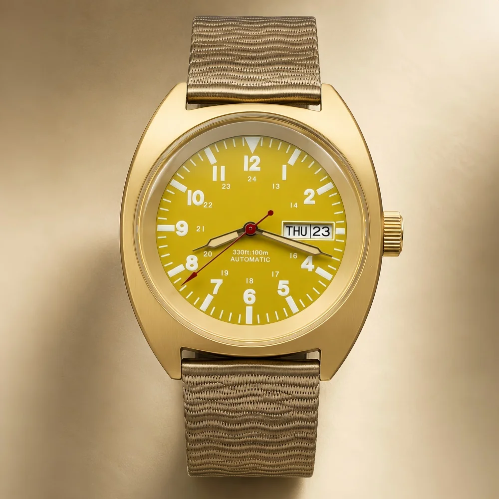 LARIMOKER 36mm 39mm NH36 Automatic Pilot Watch Men Gold Square Case Yellow Dial Sapphire Glass Luminous Nylon Strap